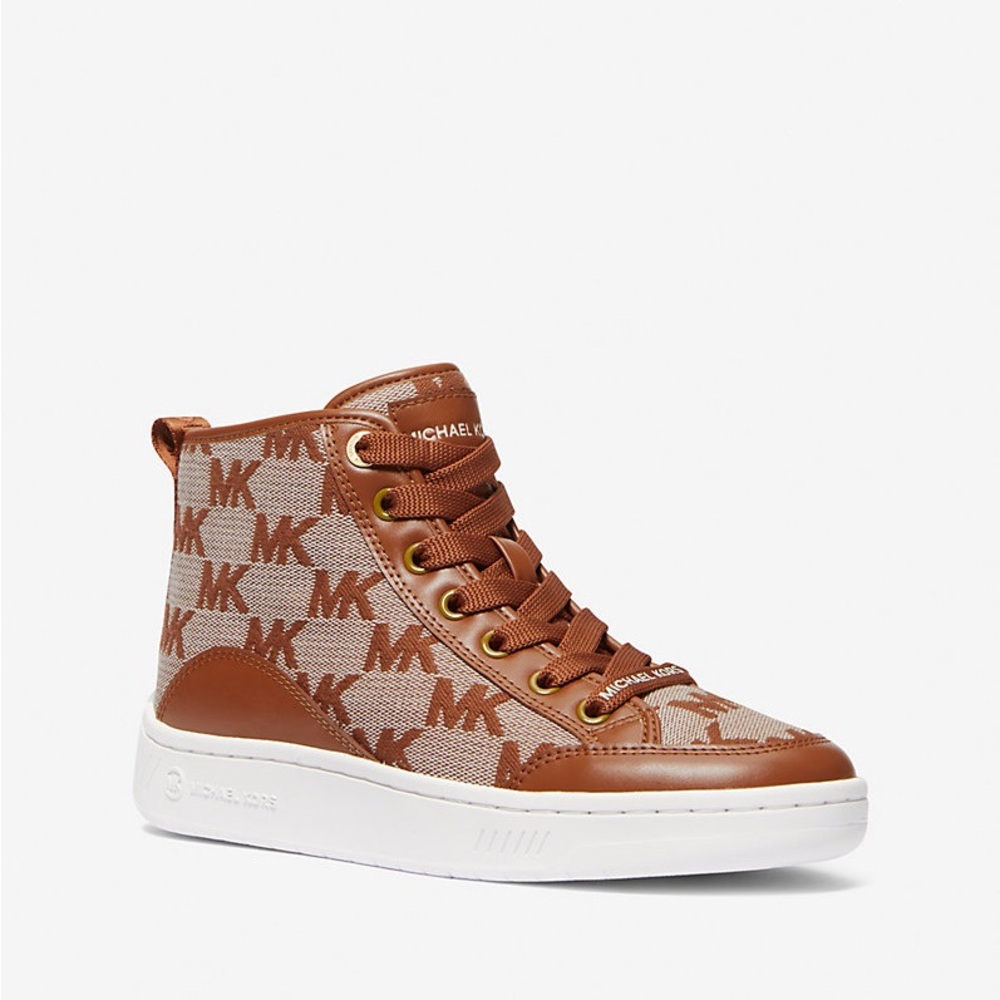 Michael Kors Jacquard Tan and Brown Logo High-Top Sneakers.  size 8.